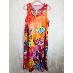 Abstract Heart Print Sleeveless Midi Dress‎ Orange Pink Multi XXL